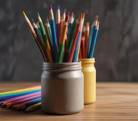 Obraz premium Colored pencils in a small container with a studio background and some paintbrushes, painter tools, art supplies