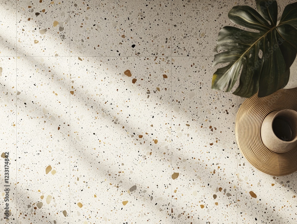 Poster terrazzo texture with monstera leaf: a flat lay showcasing a stylish terrazzo surface with subtle fl