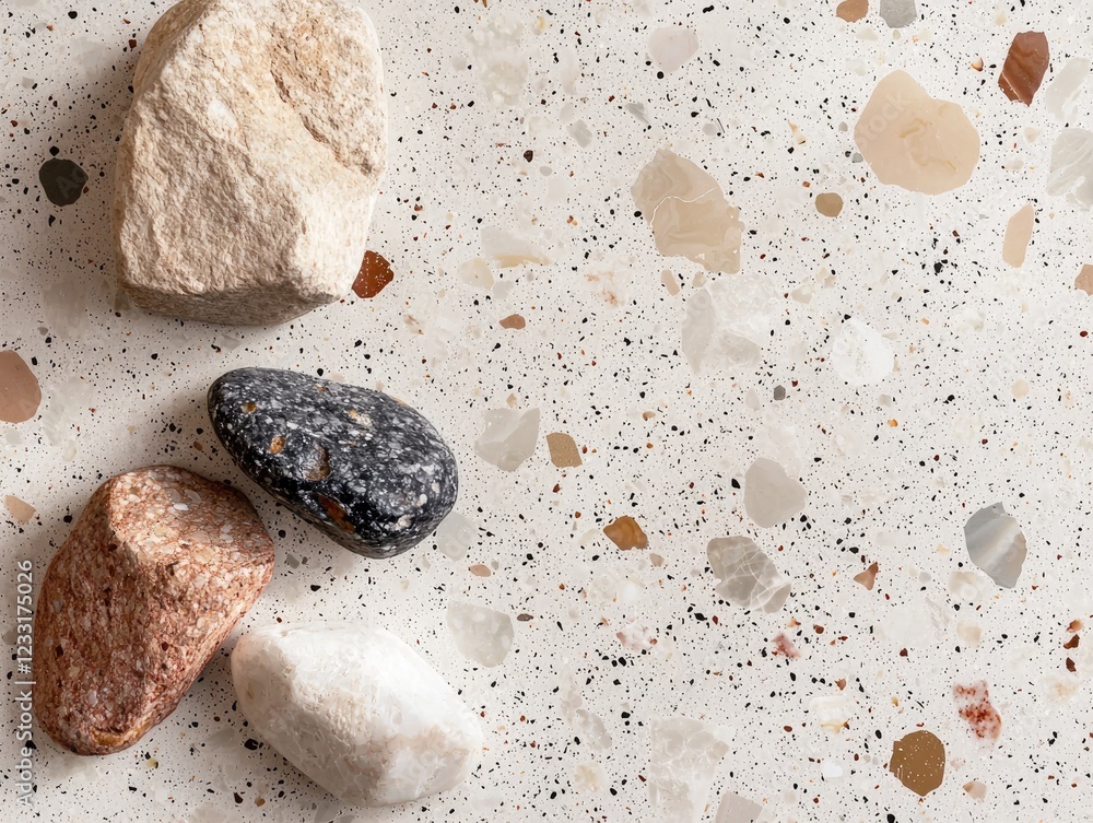 Poster pebbles on terrazzo: smooth, colorful pebbles of varying sizes and shades rest on a terrazzo surface
