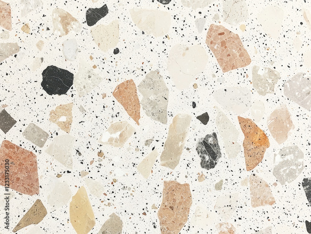 Poster Terrazzo Texture: A detailed close-up shot of a terrazzo surface showcasing its unique blend of multicolored stone chips and binder, creating a visually appealing and textured background. 