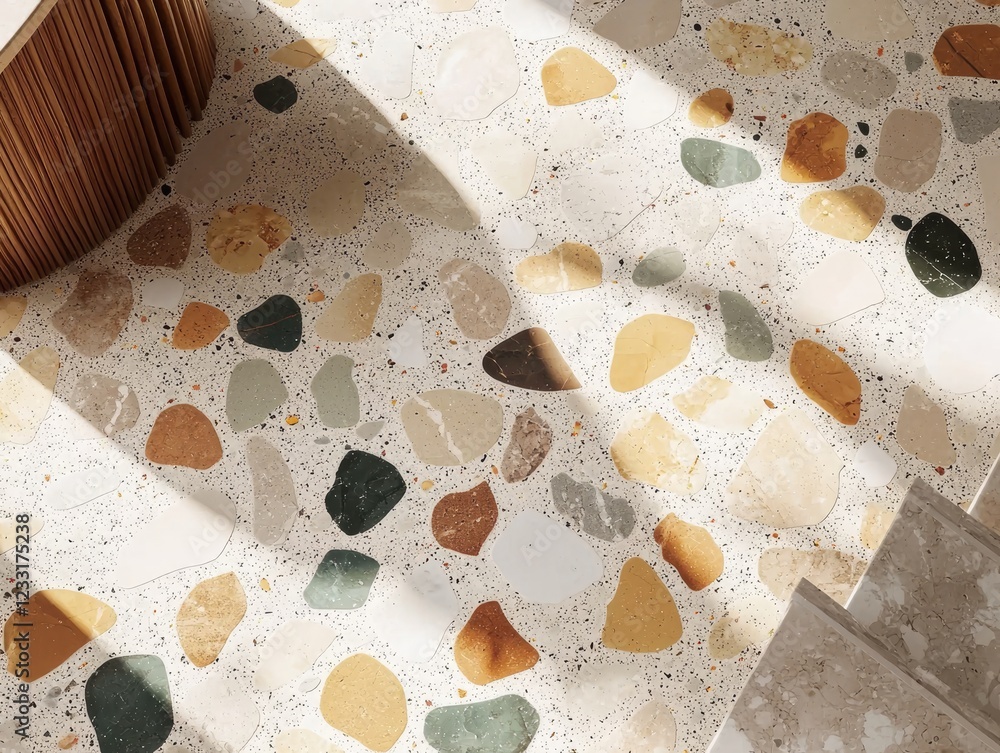 Poster terrazzo tile: a close-up shot showcasing the intricate patterns of terracotta tiles, highlighting t