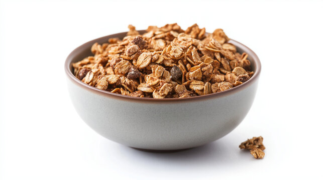 white bowl of granola with milk isolated on 3 d white background