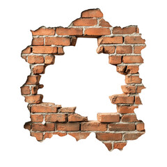 Hole in Brick Wall: A square hole breaks through a weathered red brick wall, creating a dramatic and textured frame. The rough edges and crumbling bricks suggest age and decay.