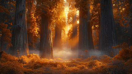 Majestic rainforest landscape with ancient towering trees, golden light streaming through the foliage, and a tranquil mist settling in the background.
