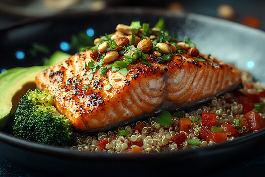 A balanced and healthy plate with a glowing wireframe overlay, showcasing nutritious food choices