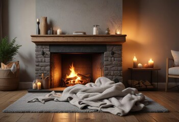 Cozy fireplace with plush throw blanket and pillows, soft lighting, throw blanket, autumnal colors