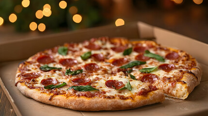 Festive Pepperoni Pizza in Box, Christmas Lights Background