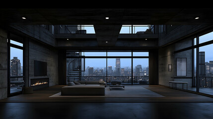 Modern penthouse apartment living room with city view at dawn