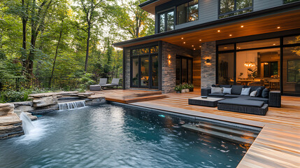 Obraz premium A stunning modern house with a wooden deck, cozy outdoor lounge, and a natural swimming pool with cascading waterfalls