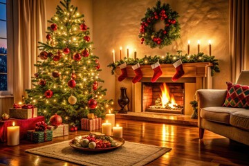Cozy living room with a Christmas tree, candles, stockings, and festive decorations, warm fireplace crackling in the background, festive ambiance, warm atmosphere, twinkling lights, living room
