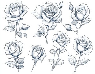 Isolated white background featuring beautifully hand-drawn roses forming a set of decorative flowers. Modern artistic design