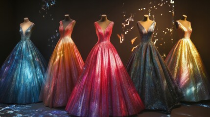 Obraz premium A collection of five glamorous evening gowns, each with a unique color and design, displayed on mannequins against a dark background.