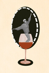 Composite 3D collage trend template design of aged woman dance friday chill beverage cocktail club occasion night rest party entertainment