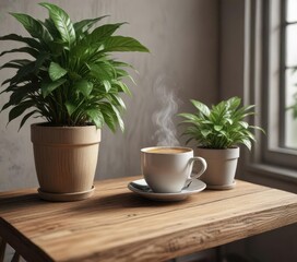 Cup of steaming hot coffee on a small wooden table next to a potted plant, wood, hot