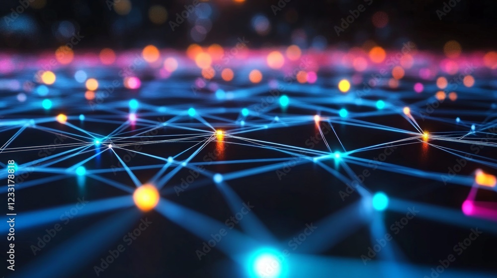 Wall mural colorful abstract network with glowing nodes and lines