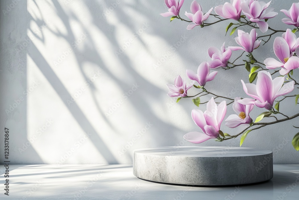Poster concrete forms with magnolia in a minimalist setup