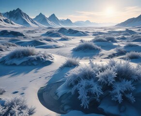 Deep blue icy landscape with swirled patterns of frost and snow, frosty landscape, winter wonderland, winter atmosphere