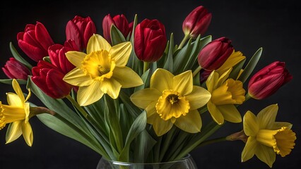 A vibrant bouquet of red tulips and yellow daffodils isolated on a white background. A fresh and cheerful floral arrangement symbolizing spring, renewal, and joy, ideal for seasonal and festive design