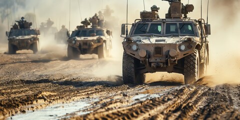 Armored vehicles advancing along a dirt road create a swirling cloud of dust during a military exercise, showcasing the power and strength of the army in action