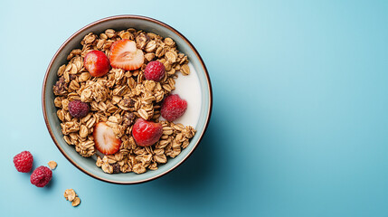 bowl of muesli with berries , cereal , granola on blue background 