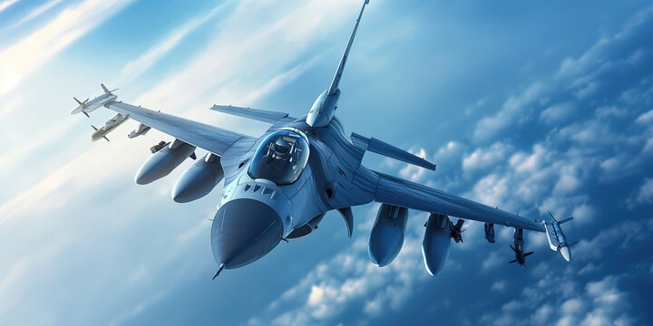 Modern fighter jet flying high above the clouds, armed with missiles, showcasing military power and aerial defense capabilities in a dynamic action scene