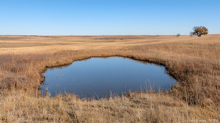 Prairie Pond, autumn, tranquil landscape, livestock watering hole