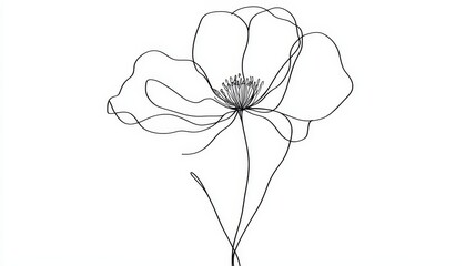 A minimalist line art flower illustration with simple, elegant lines and subtle curves, showcasing a single blooming flower against a clean white background