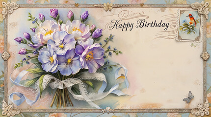 Antique birthday greeting card with a small bouquet of violets