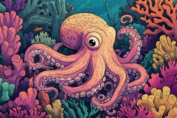 Obraz premium A Pink Octopus Among Vibrant Coral Reefs