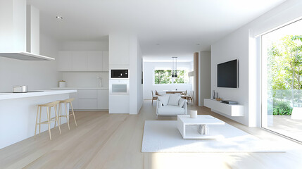 Fototapeta premium Modern open-plan apartment living room, kitchen, and balcony view