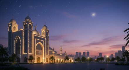 Naklejka premium Illuminated Mosque at Twilight: A Serene Architectural Masterpiece