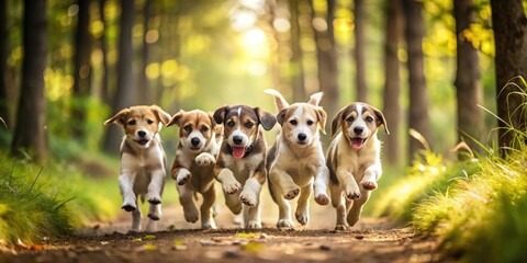 Obraz premium Digital dog wallpaper with a pack of playful puppies running in a forest, dogs, digital art