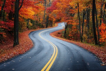 Obraz premium Autumnal Road Trip: A Scenic Drive Through Vibrant Fall Foliage