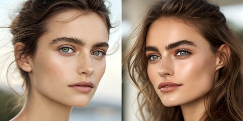 Fototapeta premium Before and after portrait of a woman with unkempt eyebrows without make up and groomed eyebrows with make up
