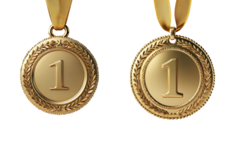 Two gold medals with the number one, isolated on transparent and white background