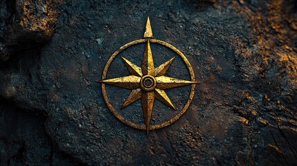 Golden Compass Rose Symbol on Rough Stone Surface, Detailed Design
