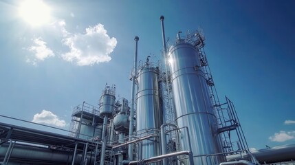 Obraz premium Industrial water treatment plant with blue sky. Clean water management infrastructure and technology.