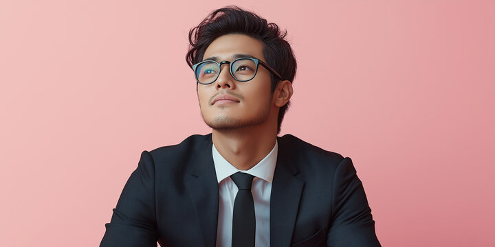 Business professional reflecting on future opportunities studio environment portrait photography positive vibes close-up perspective career growth