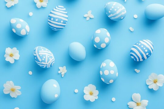 A tranquil Easter setup featuring soft blue eggs and pristine white flowers arranged atop a bright blue expanse, reflecting the lively ambiance of spring gatherings and renewal tied to the occasion