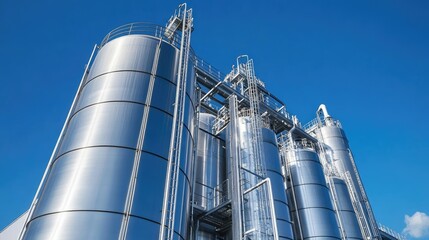 Industrial water treatment plant with blue sky. Clean water management infrastructure and technology.