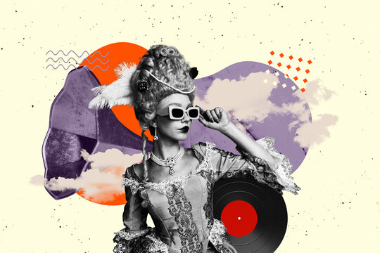 Creative artwork template image 3D collage of party leisure night occasion rest luxury vintage costume aristocracy young lady hold vinyl