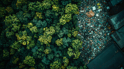 Fototapeta premium A contrast between nature and waste, with lush greenery being swallowed by an ever-growing landfill, urging awareness of the need for change.