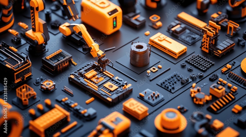 Aufkleber robotic arm assembling circuit board; futuristic tech background; industrial automation concept; web