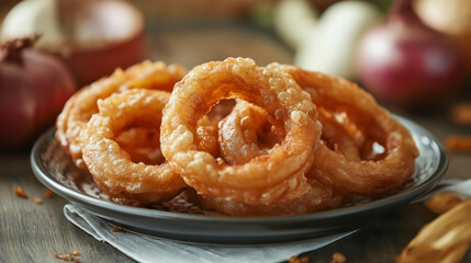 crispy onion rings on the table , at restaurant