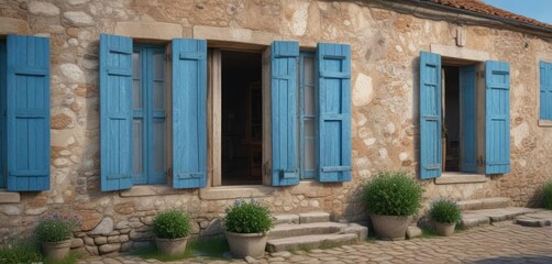 Faded blue shutters on a weathered stone house in a picturesque village, quaint, traditional, vintage, charming, weathered
