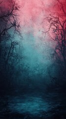 Fototapeta premium Dark Silhouetted Trees Against A Moody Pink And Teal Sky