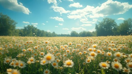 Obraz premium A Vast Field of Daisies under a Bright Blue Sky with White Clouds and Green Trees