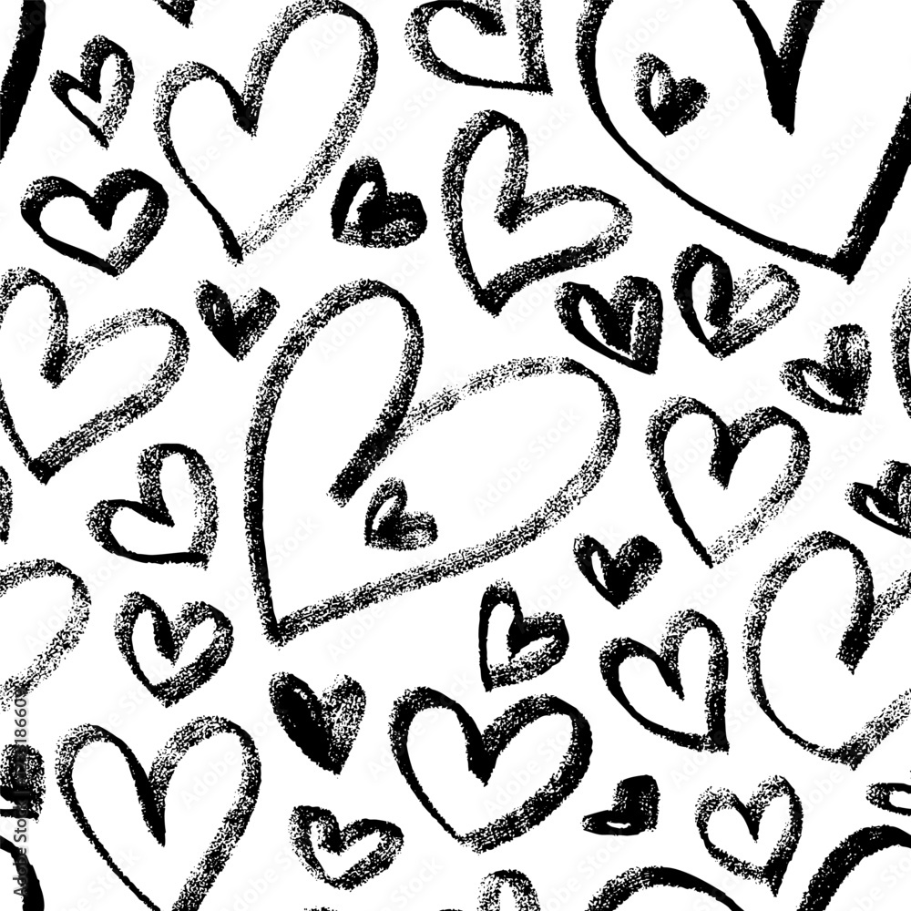 Poster vector seamless pattern with hand drawn hearts. textured drawn heart shapes various sizes as a repea