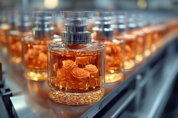 France A perfume production line with precision automated mixing and bottling.