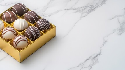Obraz premium Decorative Box of Assorted Gourmet Chocolate Truffles on Marble Surface
